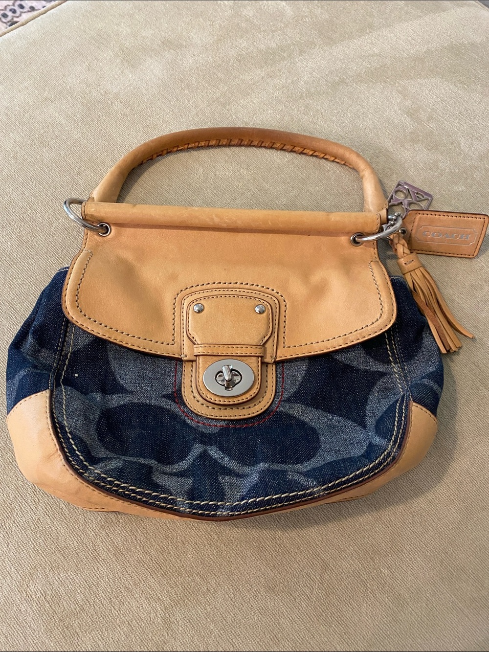 Coach Blue Denim Mini Saddle Bag with Tan Leather Trim
